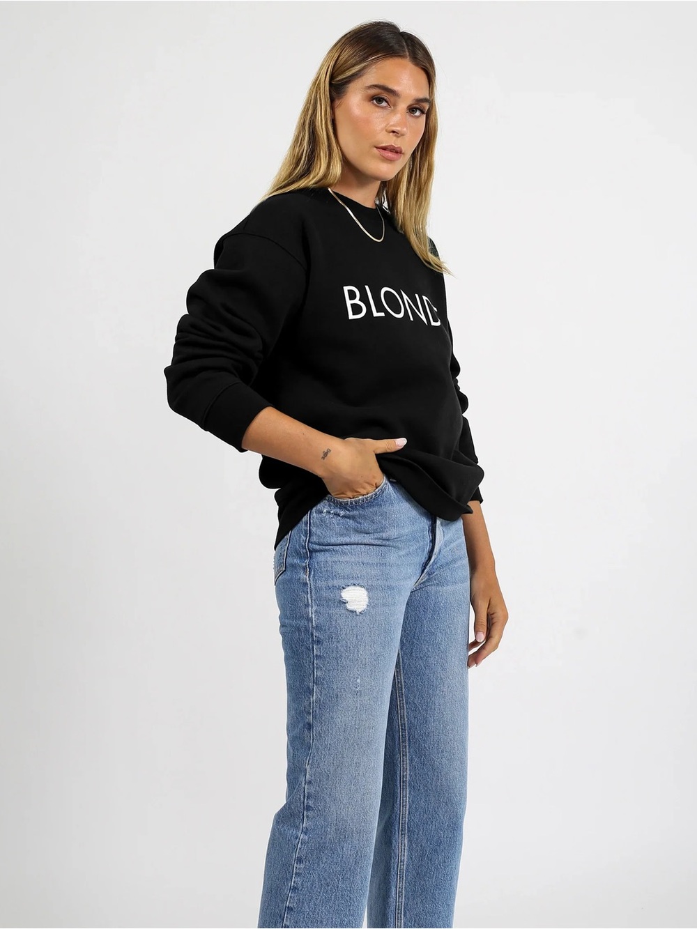 Brunette The Label Black Crewneck with 'BLONDE' Chest Text PTP 20 L 25.5